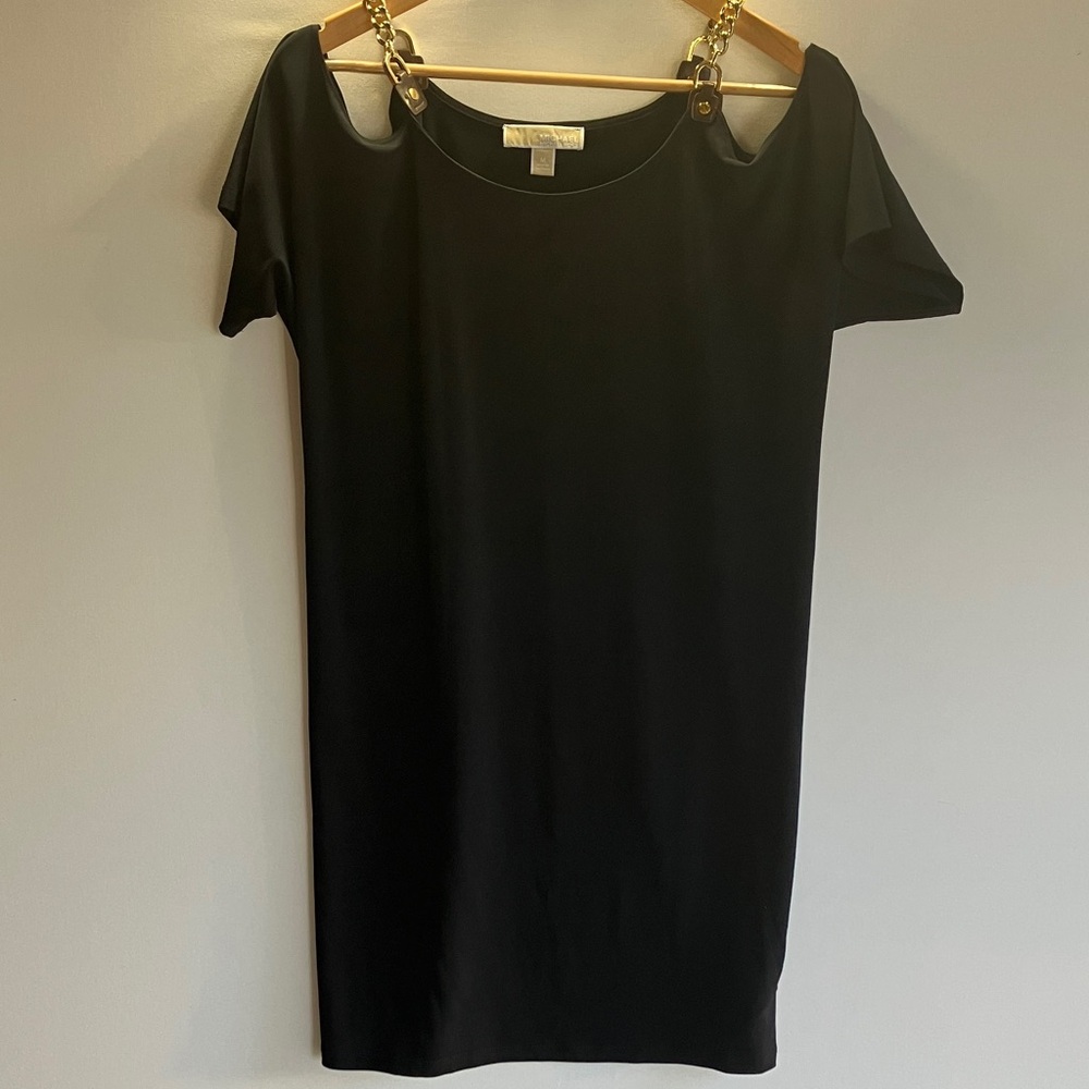 Michael Kors Black Mini Dress with Gold Chain Accent